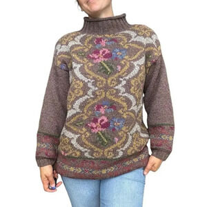 Vintage Express Tricot Wool Blend chunky knit floral brown Sweater Size XS